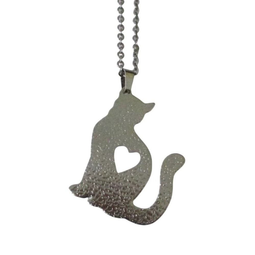 Cat Silhouette Pendant Necklace Heart Cutout 20" Chain Cat Person Jewelry Gift